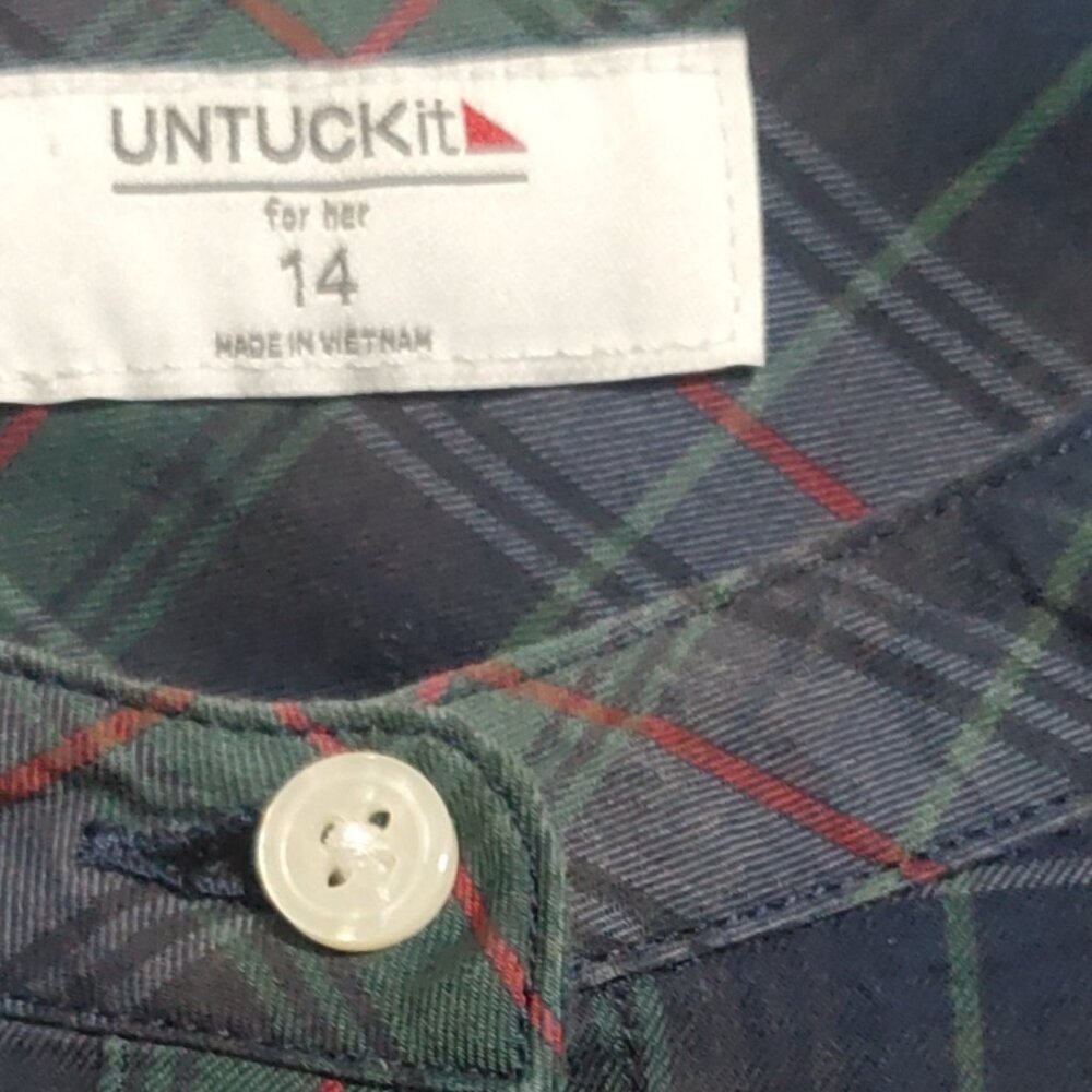 Untuckit Plaided Cottagecore Peasant/Puff Sleeves Collarless Lightweight Size 14 - Picture 6 of 7